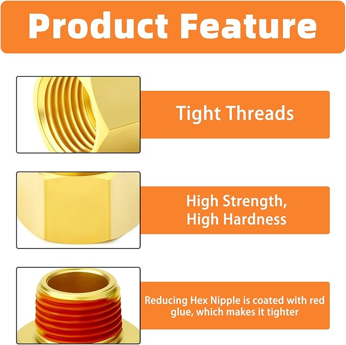 GASHER 5PCS Brass Pipe Fitting, Reducer Adapter, 1/2" Female x 3/8" Male Pipe With Sealant