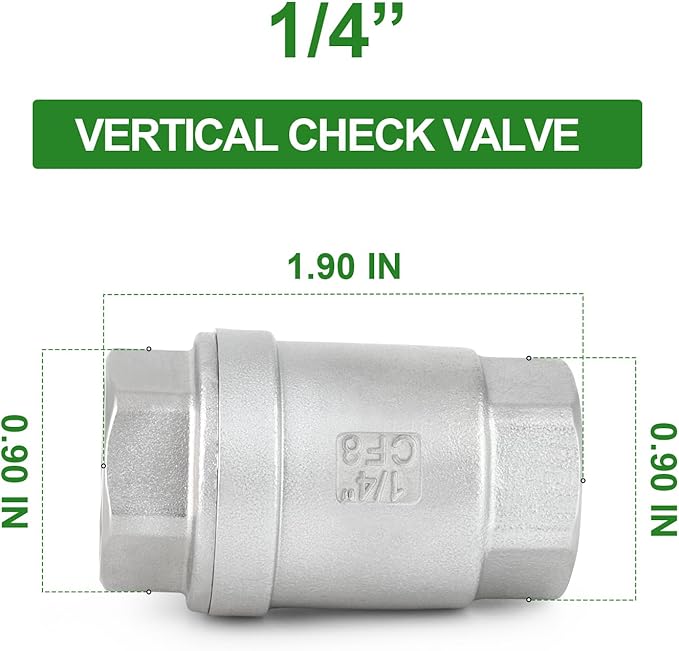 TAISHER 2PCS 304 Stainless Steel 1/4" Female Vertical Check Valve，Backflow Prevention, One Way Spring Check Valves CF8 WOG 1000