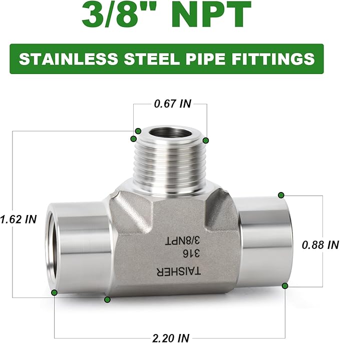 TAISHER 1PCS Forging of 316L Stainless Steel Tee Pipe Fittings, 3/8" NPT Female x 3/8" NPT Male x 3/8" NPT Female Pipe Fittings, Male Branch Tee
