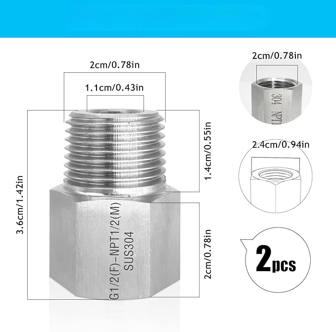 2 Piece G1/2 Female (1.9cm)-NPT1/2 Male (2.1cm) Threaded Fitting,Reducer Adapter, 304 Stainless Steel Sensor Gasket Adapter Extender.