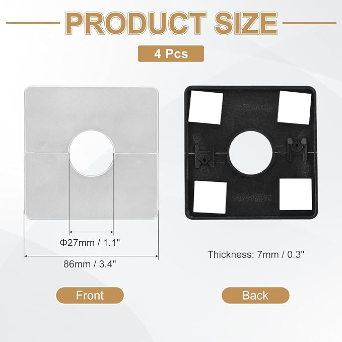PATIKIL Wall Split Flange 86mm / 3.4" OD, 4 Pcs Square Escutcheon Plate Cover PPR Plumbing Cover Plates with Self-Adhesive Tape for 27mm / 1.1" Dia Water Pipe Faucet, Silver