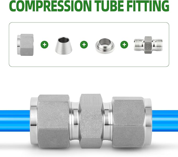 TAISHER 2PCS 304 Stainless Steel Compression Tube Pipe Fitting Connector, 4MM Tube OD x 4MM Tube OD Straight Adapter