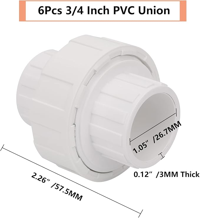 6Pcs 3/4" PVC Union Coupling Pipe Fitting (Socket x Socket) 3/4Inch PVC Slip Union PVC Adapter Coupling Schedule 40, EPDM O-Ring, White
