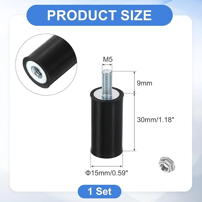 uxcell M5 Rubber Mounts, 1Pcs 15x30mm(DxH) Rubber Cylindrical Anti Vibration Isolator Shock Absorber with Lock Nut for Car Bobbin Generator Air Compressors