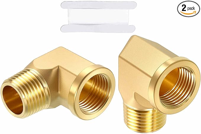 2 Pack Brass Pipe Fittings, 90 Degree 1/2" FeMale NPT to 1/2" Male NPT Barstock Street Elbow W/Sealing Tape, Forged Pipe Fitting Connector for Air, Oil, LP