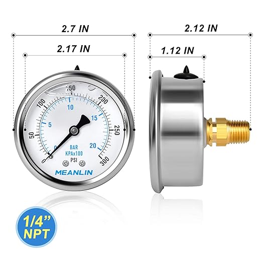 MEANLIN MEASURE 0~300Psi Stainless Steel 1/4" NPT 2.5" FACE DIAL Liquid Filled Pressure Gauge WOG Water Oil Air Back Mount (Pack of 2), with 1/2" NPT and 3/8" NPT Hex Bushing