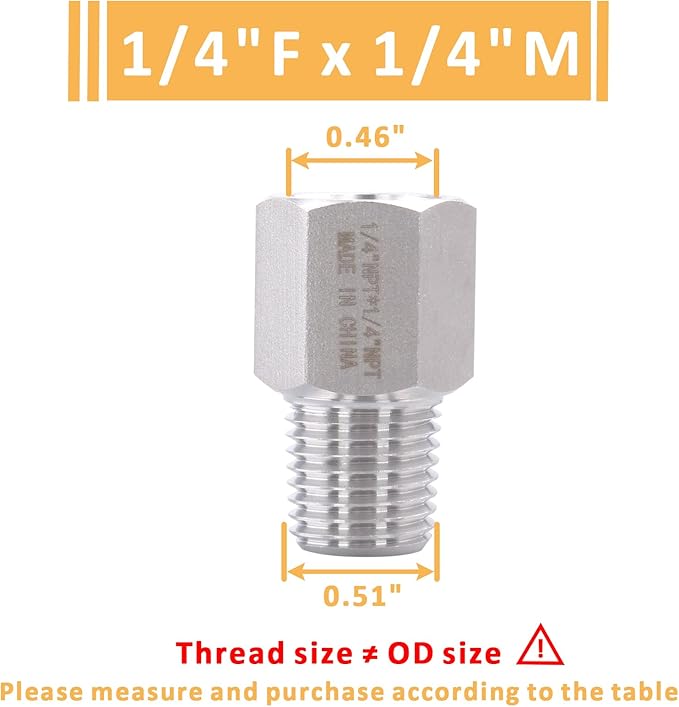 Forged Reducer Adapter Fitting - Stainless Steel 304 Reducing Pipe Connector, 1/4" NPT Female x 1/4" NPT Male (pack of 2)