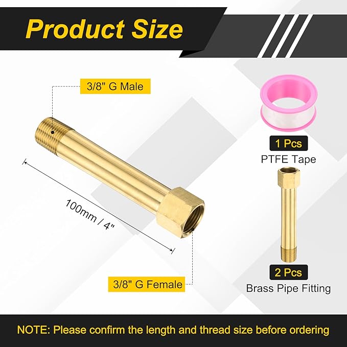 PATIKIL 2 Pack 3/8" g Male x 3/8" g Female Brass Pipe Fittings, Nipple Brass Fitting Extension Pipe Fittings Adapter Connection with Tape 4 Inch / 100mm Length