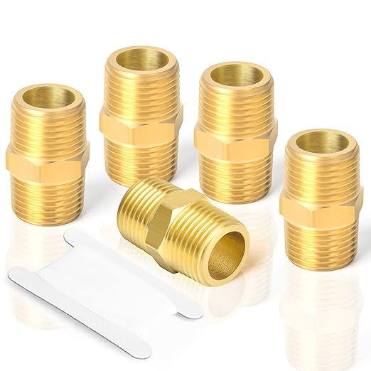 TAISHER 5PCS Brass Pipe Fitting Adapter, Hex Nipple, 1/2-Inch Male Pipe x 1/2-Inch Male Pipe