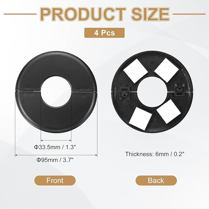 PATIKIL Wall Split Flange 95mm / 3.7" OD, 4 Pcs Round Escutcheon Plate Cover PPR Plumbing Cover Plates with Self-Adhesive Tape for 33.5mm / 1.3" Dia Water Pipe Faucet, Black
