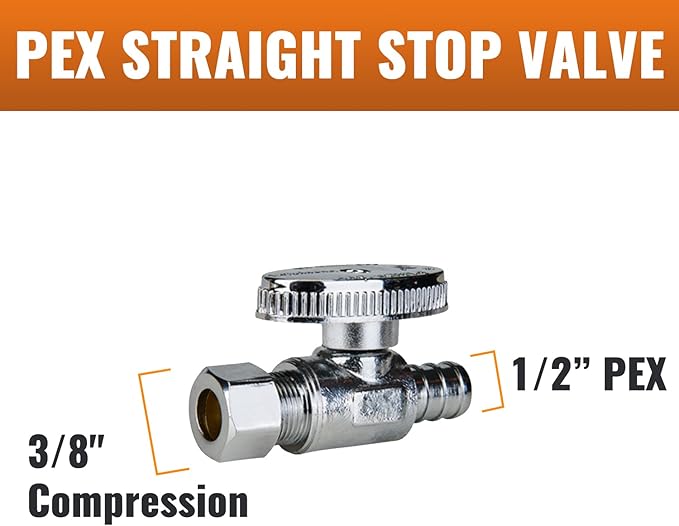 SUNGATOR 2-Pack Straight Stop Valve, 1/2" PEX x 3/8" OD Compression, Quarter Turn Chrome Plated, 1/2 inch Pex Shut Off Valves for Faucet and Toilet, UPC Certified