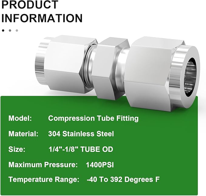 TAISHER 2PCS 304 Stainless Steel Compression Tube Pipe Fitting Connector, 1/4" Tube OD x 1/8" Tube OD Straight Adapter
