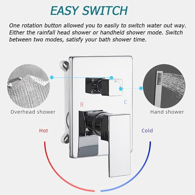 Shower System Polished Chrome Bathroom Rainfall Shower Faucet Set Complete Wall Mounted 6 Inch Shower Head and Handle Set with Rough-in Valve Body and Trim Kit