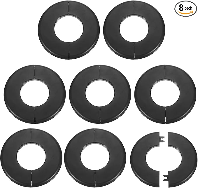 HARFINGTON 8pcs Wall Split Flange 51mm/2" Self-Adhesive Plumbing Cover Plates ABS Plastic Round Escutcheon Plate Buckle Design for Water Pipe Bathroom Kitchen Decoration, Black