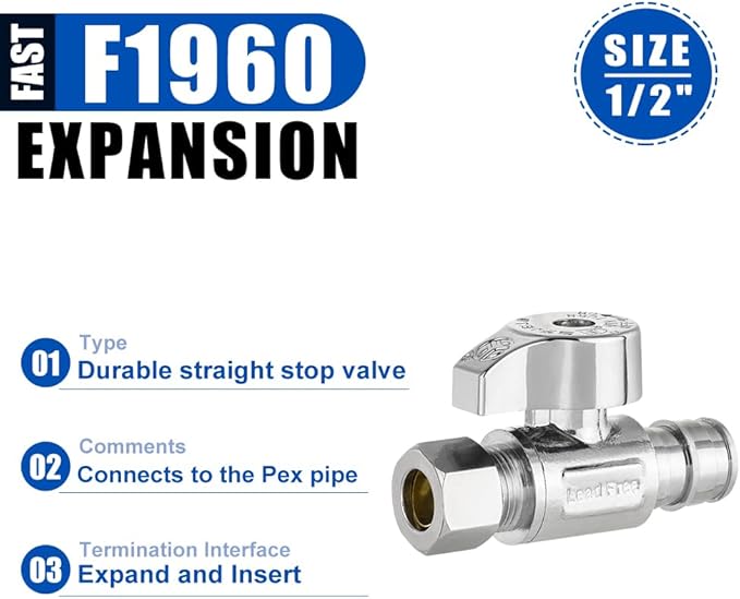 Pro 15-Pack EFIELD Stop Valve Pex-A 1/4 Turn Straight Stop Valve 3/8" OD Compression X 1/2" Pex Expansion, Chrome Plated LF Brass, Heavy Duty,(VALVE381)