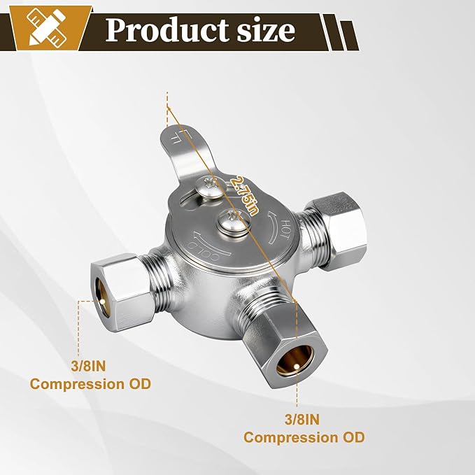 3 PCS Below Deck Mixing Valve, Manual Water Mixing Valve Hot Cold Water Mixer with 3/8"Inch Inlets and Outlet, Compression Sleeve and Nuts Included