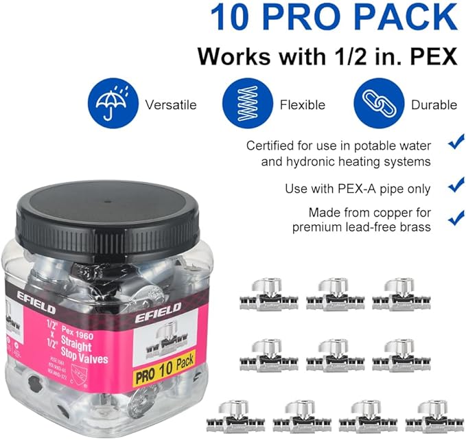 EFIELD 1/4 Turn Straight Stop Valve - Pex-A Cold Expansion 1/2" Pex X 1/2" Chrome Plated, ASTM F1960, Heavy Duty, LF Brass,(VALVE384)