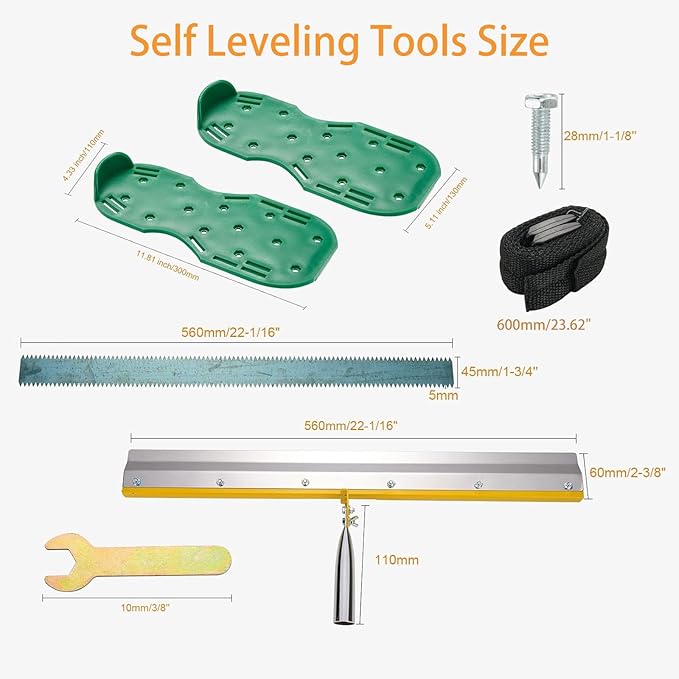 Professional Self-Levelling Cement Tool Kit - Self Leveling Tools with 22" Stainless Steel Rake, 2 Spike Roller, Spike Shoes & Gloves for Concrete/Epoxy Floor Leveling
