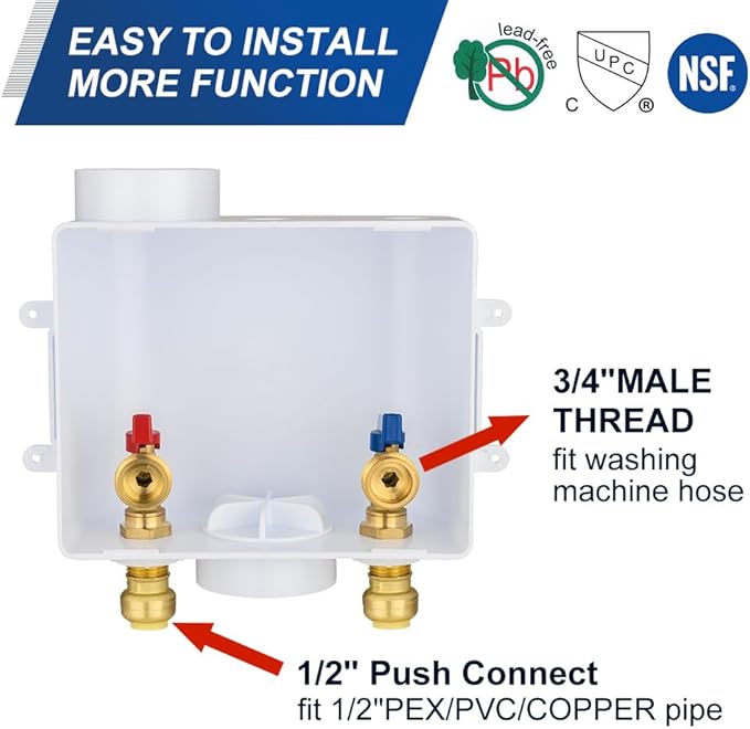 EFIELD Universal Washing Machine Outlet Box,1/2-inch Push-fit Inlet x 3/4 inch MHT Outlet Connection, Center Drain,(WM050)