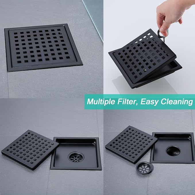 6 Inch Square Shower Floor Drain with Flange,Matte Black SUS 304 Stainless Steel Shower Drain Kit Floor Drain,Removable Grid Grate, Hair Strainer ﻿