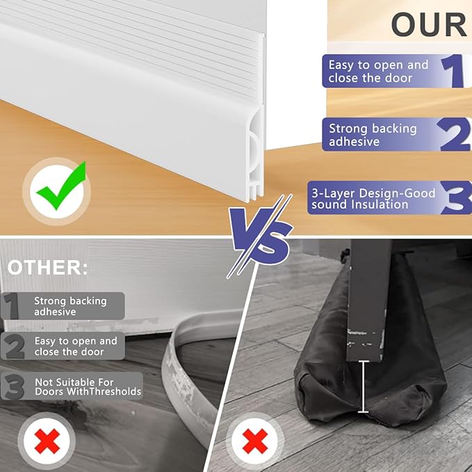 Door Draft Stopper,Adjustable Door Sweep for Bottom of Door,Silicone Weather Stripping Door Bottom Seal Blocker Air Noise,Under Door Gap Filler for Interior/Exterior Doors(White, 78inch)