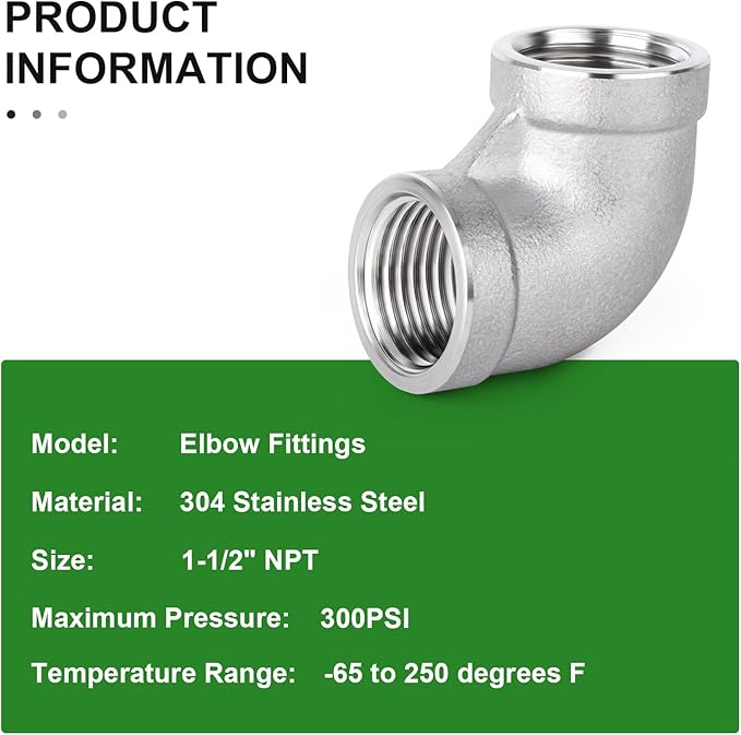 TAISHER 2PCS 304 Stainless Steel 90 Degree elbow,1-1/2" NPT Female Pipe to 1-1/2" NPT Female 304 Stainless Steel Pipe Fitting