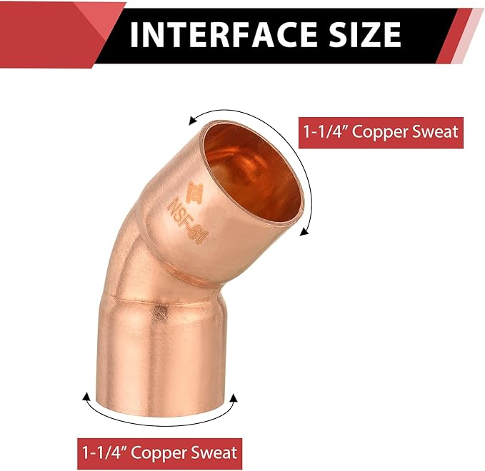 EFIELD 1-1/4" C X C Copper 45 Degree Elbow, LF Short Turn Copper Plumbing Fittings with Sweat Solder Connection,(COPPER072)