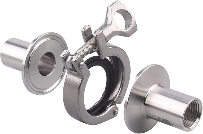 DERNORD 2 Pcs Sanitary Female Threaded Ferrule Pipe Fittings + SUS304 Tri-clamp (Tri-clover Clamp) + FKM Gasket (Female Threaded Pipe Size:1/2 Inch DN15)