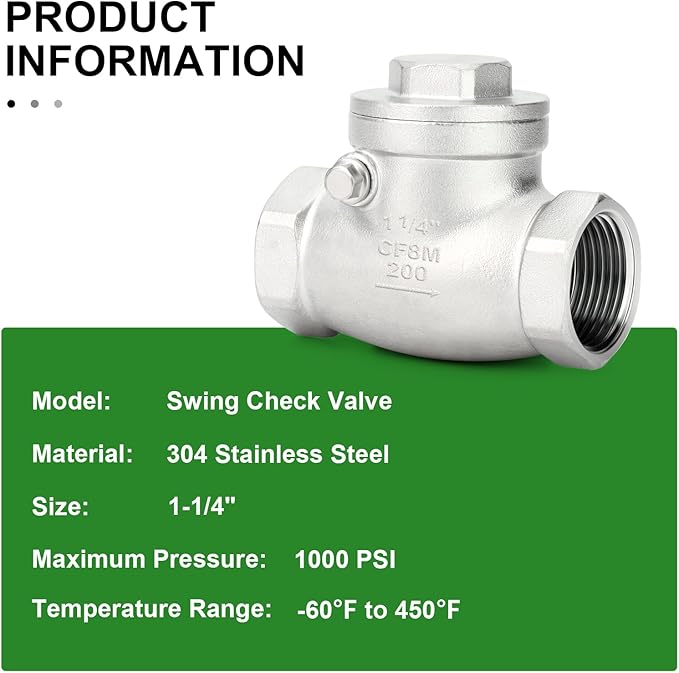TAISHER 1PCS 304 Stainless Steel 1-1/4" Female Swing Check Valve，Backflow Prevention, One Way Check Valve CF8 WOG 1000