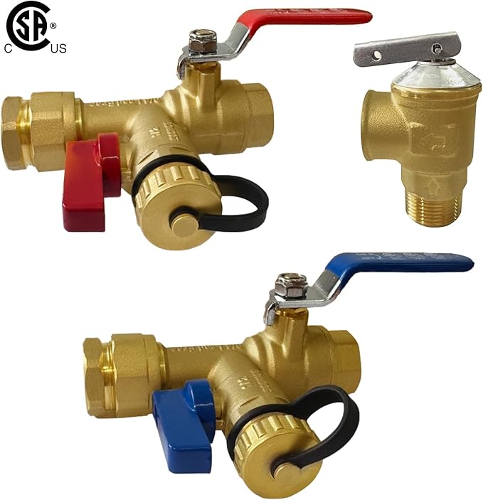 CAMPLUX 3/4 Inch IPS Isolator Tankless Water Heater Service Valve Kit, with Pressure Relief Valve, Clean Brass Construction