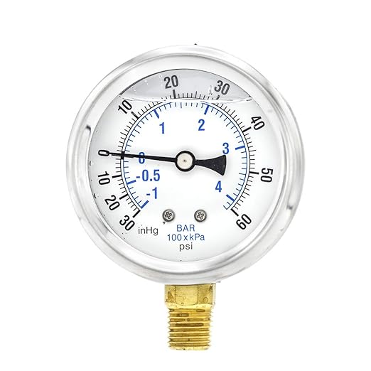 PIC Gauges PRO-201L-254CD 30-0-60 PSI Pressure Gauge, 2 1/2" Dial, 1/4" Male NPT Connection, Bottom Mount, Dual Scale, Glycerin Filled, Stainless Steel Case/Bezel, Brass Internals & Plastic Lens