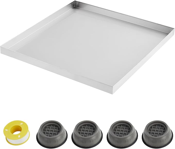 27" x 25" Washing Machine Drain Pan, 304 Stainless Steel Heavy Duty Washer Drip Tray with 4 Anti-Vibration Feet for Compact Washers