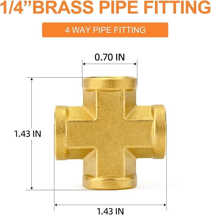 GASHER 2PCS Brass Pipe Fitting, Cross 4 Way Pipe Fitting, 1/4" x 1/4" x 1/4" x 1/4" NPT Female Pipe