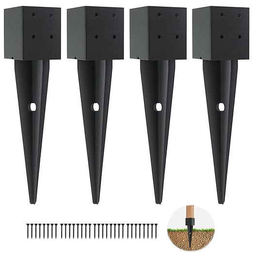 4 Pcs 4x4 Fence Post Anchor Ground Spike16(Inner Size 3.6"x3.6") Black Powder Coated–Mailbox Post Anchors, for Deck,Fence,Railing,Mailbox..