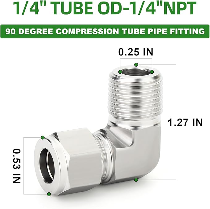 TAISHER 1PCS 316 Stainless Steel 90 Degree Compression Tube Pipe Fitting Connector, 1/4" Tube OD x 1/4" NPT Male Adapter