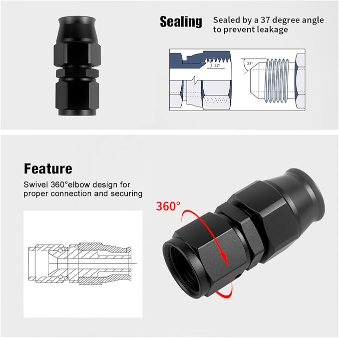8AN PTFE Hose End Fitting Straight Swivel Only for PTFE Hose Aluminum Black 4PCS