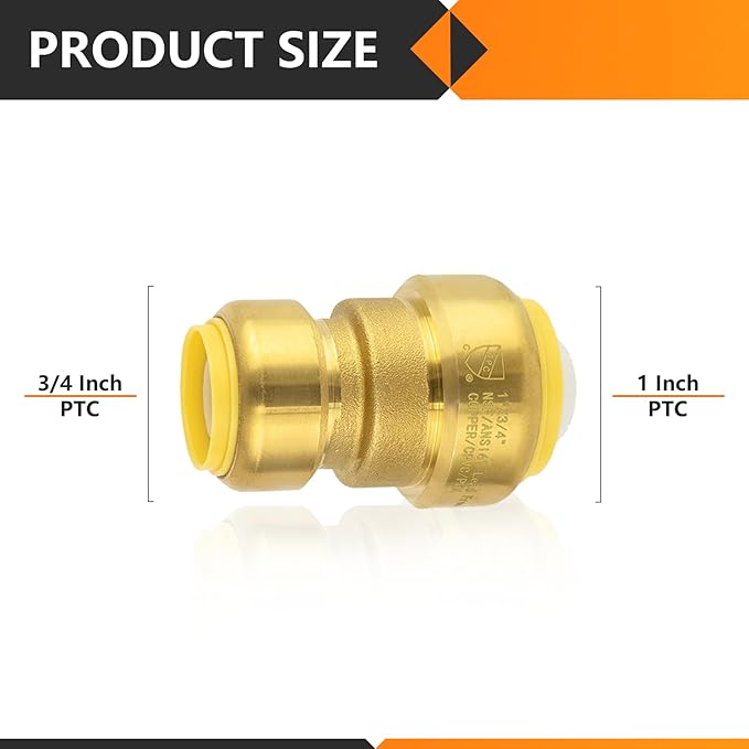 2-Pack HeSun Pushfit Coupling, 1"x3/4" Push to Connect Plumbing Fittings with Disconnect Clip, Brass Push-fit Fittings for PEX, Copper, CPVC, PE-RT Pipes(PF144)