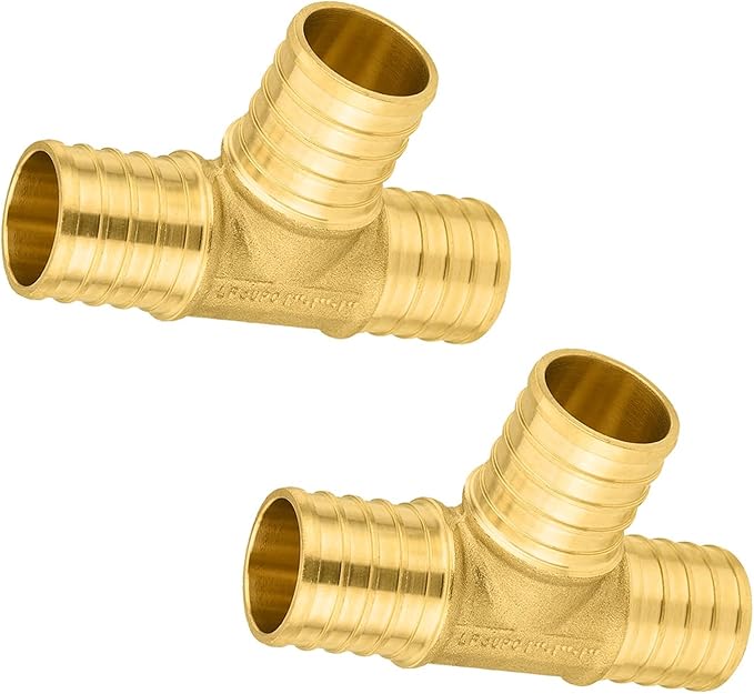 2-Pack Foskan PEX Fittings, 1" PEX Tee, Brass Barb Crimp PEX Fittings for Hot or Cold Water Distribution