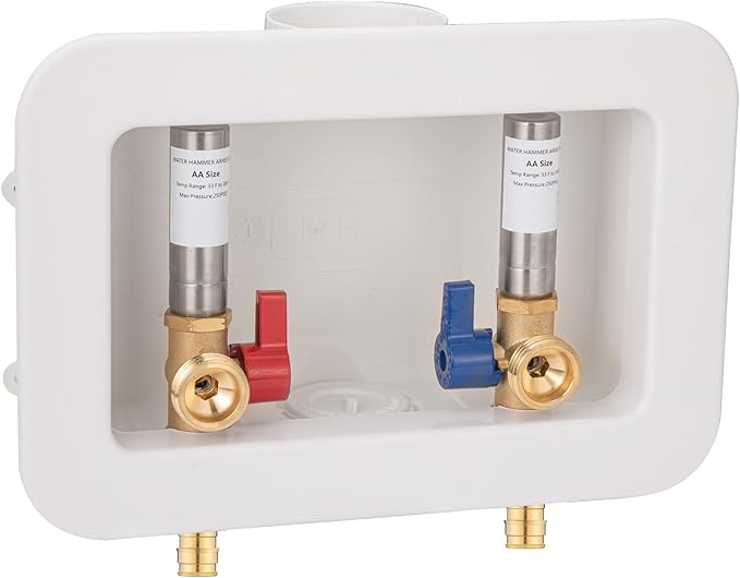 [1 Piece] Lingmfg Washing Machine Outlet Box PEX-A Expansion with Hammer Arrestors and 2 inch Central Drain, 1/2 inch PEX-A Expansion, Connection 3/4 inch Washing Machine Hoses LING-WMOB-W-SSWHA-3