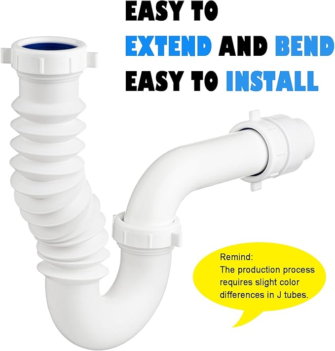 (1 Pack) Yariwiz White P Trap 1 1/2 Inch for Bathroom Kitchen Sink Drain Pipe Tubular Kit with Adjustable J-bend, White Threaded Adapter and Blue TPE Washer KSD-004W