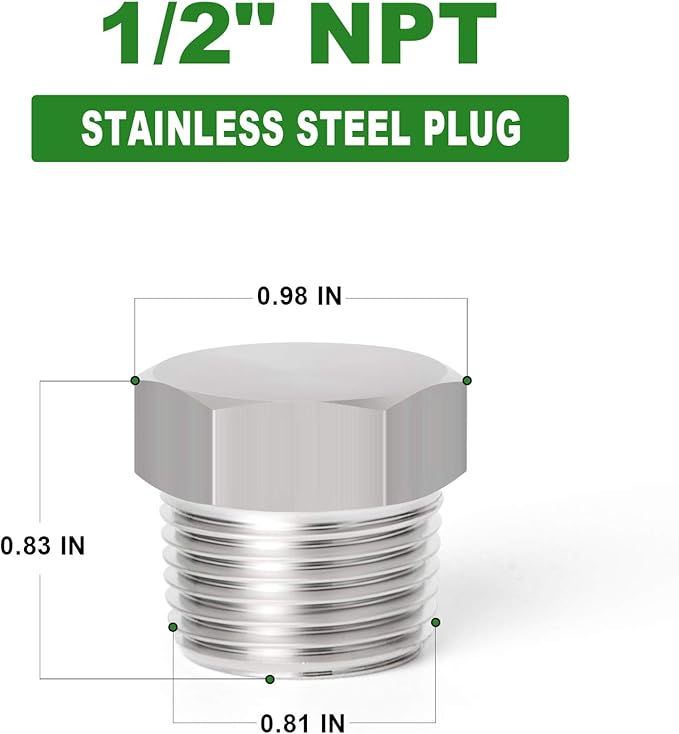 TAISHER 2PCS Stainless Steel Outer Hex Thread Socket Pipe Plug Fitting 1/2" NPT Male