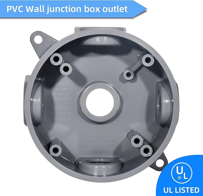 Round Electrical Outlet Box, Weatherproof 5 Hole-1/2 or 3/4 in Electrical Outlet Box, UL Listed, PVC No Cover Junction Box, Gray