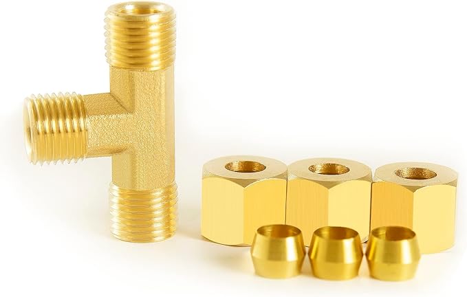 ChillWaves Brass Tee Compression Tube Fitting, 1/4" OD x 1/4" OD x 1/4" OD Compression Union Connector(5-PACK)