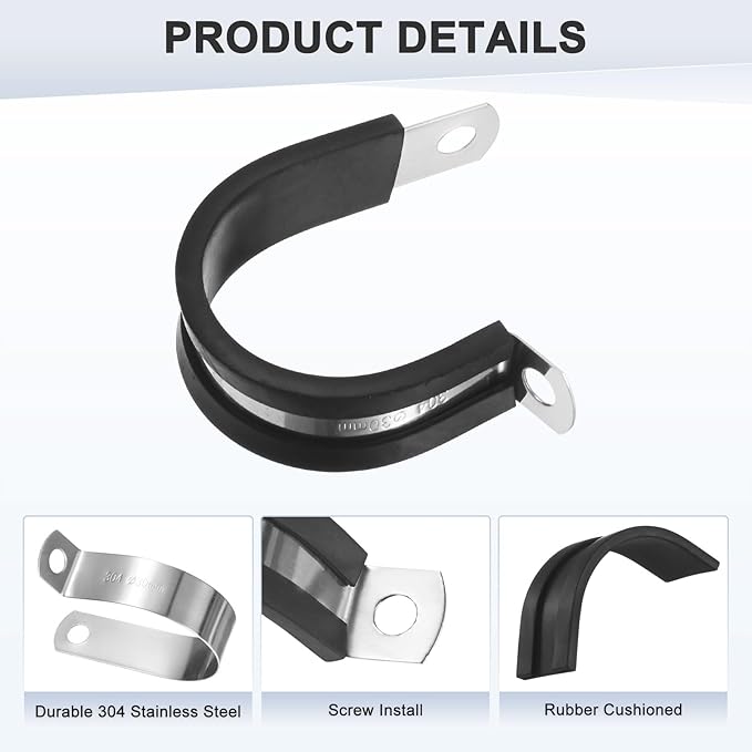20-Pack Cable Clamps, 1-3/16 Inch/ 30 mm 304 Stainless Steel Rubber Cushioned Insulated Cable Clamp R Shape Metal Holder for Tube/Wire/Pipe/Loop Installation