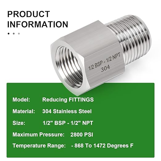 TAISHER 2PCS Forging of 304 Stainless Steel Fitting, Reducer Adapter, 1/2" NPT Male x 1/2" G Thread (BSP) Female