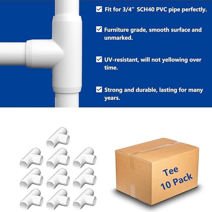 ‌letsFix 3 Way Tee PVC Fittings 3/4 Inch (10-Pack), Furniture-Grade, Heavy-Duty Pipe Connectors for Plumbing, DIY Projects, and Home Furniture Assembly, Compatible with 3/4" Schedule 40 PVC Pipes‌