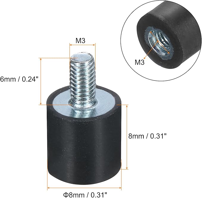 uxcell 6pcs M3x6mm Rubber Isolator Mounts with Studs 8x8mm Male Female Vibration Shock Absorber Zinc Plated Cylindrical Thread Mounts Anti Vibration Isolators with 6pcs M3 Lock Nuts