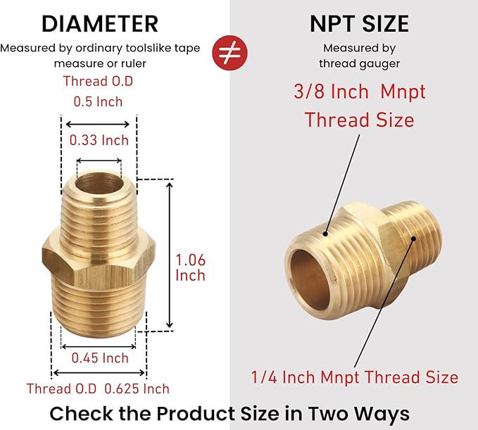 3/8 Inch Male to 1/4 Inch Male NPT Hex Nipples Reducer Adapter, NPT Brass Pipe Fittings Adapter, Brass Reducer Pipe Extension Connector, 0.625" OD × 0.5" OD, 5 Piece