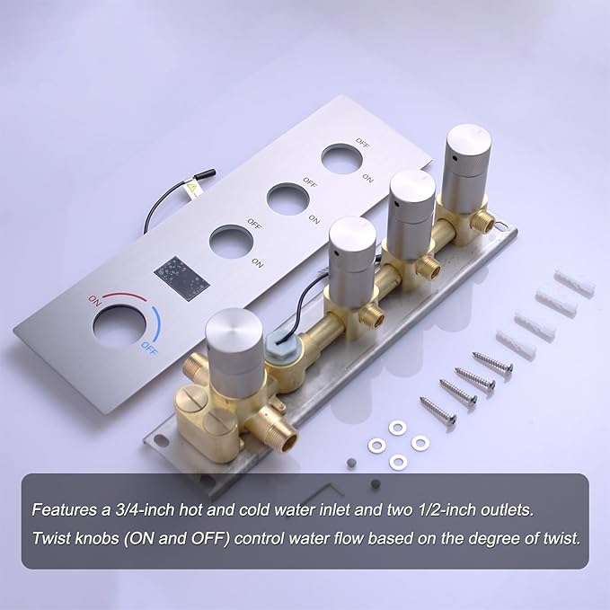 Shower Valve Concealed Shower Mixing Faucet with Temperature Display Function, Flow Control Brass Diverter Valve Kit, 3 Function Can Be Activated Simultaneously, Brushed Nickel
