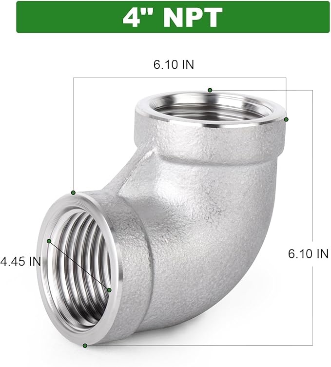 TAISHER 1PCS 304 Stainless Steel 90 Degree elbow,4" NPT Female Pipe to 4" NPT Female 304 Stainless Steel Pipe Fitting